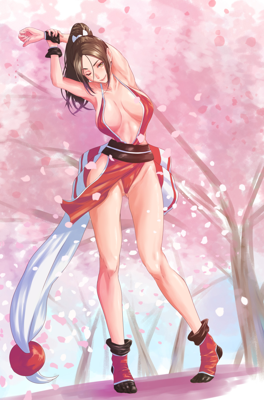 1girl ;) absurdres arm_guards arms_up breasts brown_eyes brown_hair cherry_blossoms cleavage closed_mouth commentary_request fatal_fury high_ponytail highres japanese_clothes large_breasts legs long_hair looking_at_viewer ninja omaehasaigoni one_eye_closed pelvic_curtain ponytail revealing_clothes shiranui_mai smile solo stretching tabi the_king_of_fighters thighs tree