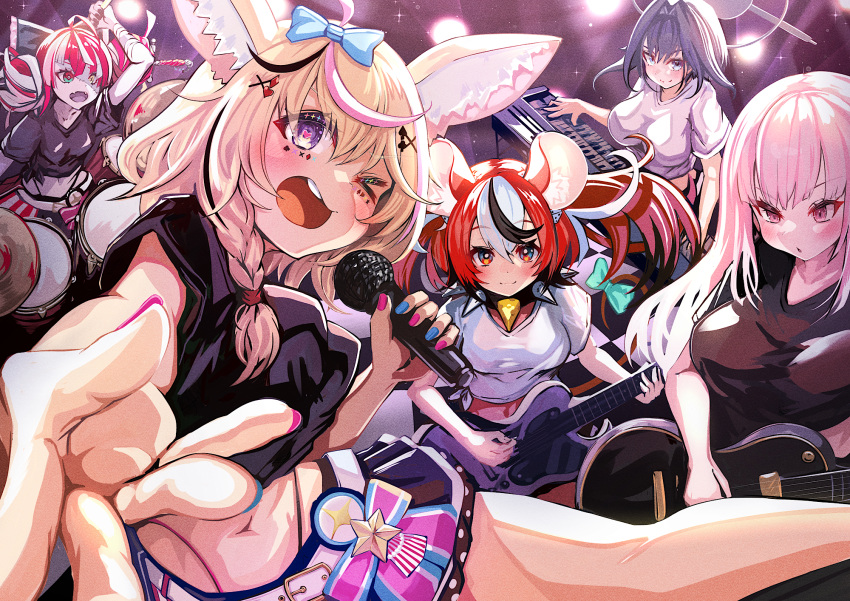 5girls animal_ears bass_guitar belt bikini bikini_under_clothes black_choker black_hair black_shirt blue_bow blue_eyes blue_hair blue_nails blue_skirt bow breasts choker dice_hair_ornament electric_guitar fangs fox_ears fox_girl fox_tail gradient_eyes green_eyes guitar hair_ornament hakos_baelz heart heart-shaped_pupils highleg highleg_bikini highres holding holding_guitar holding_instrument holding_microphone hololive hololive_english hololive_indonesia hololive_summer_2023_swimsuit instrument kajimakoto keyboard_(instrument) kureiji_ollie large_breasts looking_at_viewer medium_breasts microphone mori_calliope mouse_ears mouse_girl mouse_tail multicolored_eyes multicolored_hair multicolored_nails multiple_girls official_alternate_costume omaru_polka one_eye_closed ouro_kronii patchwork_skin pink_hair pink_nails purple_eyes red_eyes red_hair shirt skin_fangs skirt spiked_choker spikes streaked_hair swimsuit symbol-shaped_pupils tail tail_bow tail_ornament twintails virtual_youtuber white_belt white_hair white_shirt yellow_eyes zombie