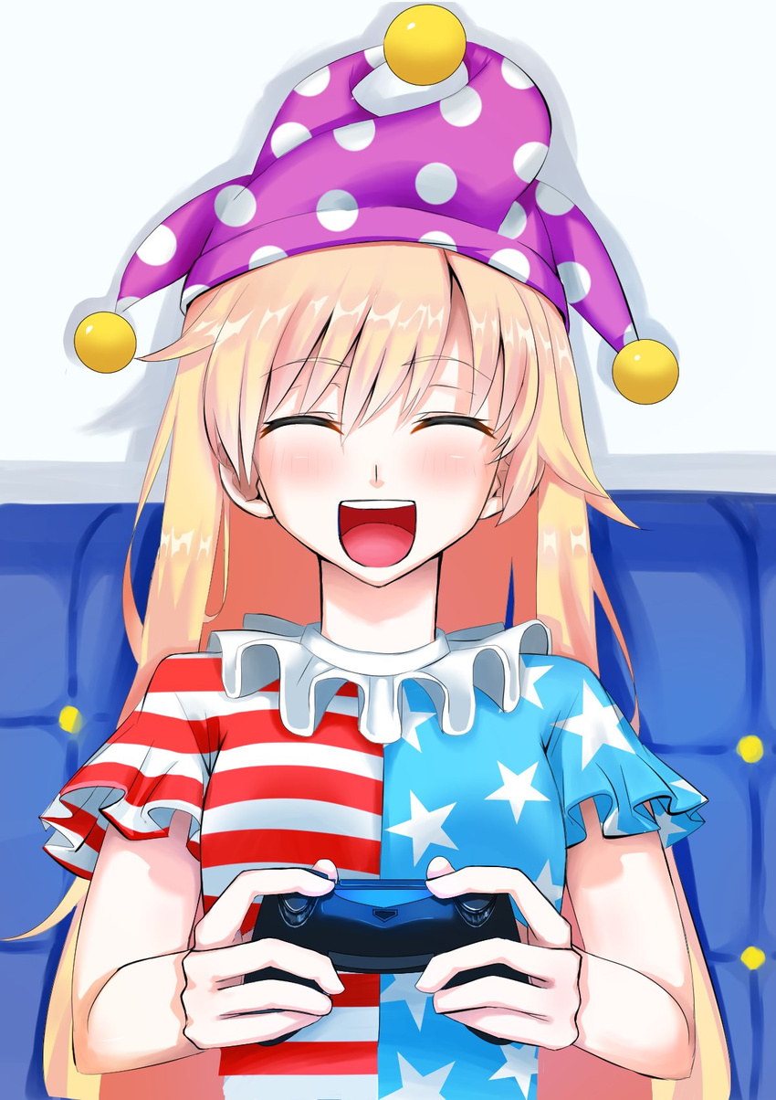 american_flag_shirt bangs blonde_hair clownpiece cobalt commentary_request controller dualshock eyebrows_visible_through_hair game_console game_controller gamepad happy hat highres jester_cap long_hair neck_ruff open_mouth playstation_4 polka_dot shirt short_sleeves smile solo sony star star_print striped touhou upper_body