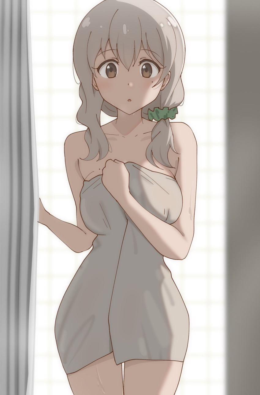 1girl :o bare_arms brown_hair curtains grey_towel hair_between_eyes hair_ornament hair_scrunchie highres indoors koisuru_asteroid light_brown_hair long_hair looking_at_viewer mole mole_under_eye morino_mari naked_towel open_mouth poa_mellhen scrunchie solo standing towel window