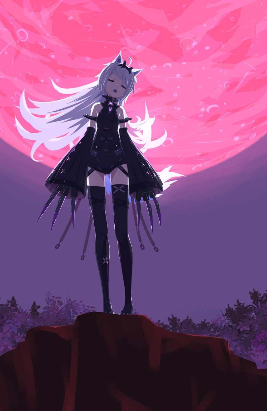 1girl 32zzz animal_ears armlet bare_shoulders black_bodysuit black_hairband black_thighhighs bodysuit claws closed_eyes detached_sleeves full_moon grey_hair hair_intakes hairband highres howling long_hair moon no.21:_feral_scent_(punishing:_gray_raven) no.21_(punishing:_gray_raven) open_mouth punishing:_gray_raven red_moon sidelocks sleeveless sleeveless_bodysuit sleeves_past_wrists solo tail teeth thighhighs upper_teeth_only wolf_ears wolf_tail