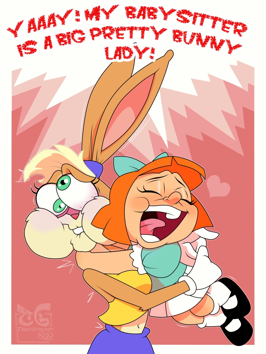 absurd_res anthro blonde_hair blush breasts buckteeth clothed clothing digital_media_(artwork) duo elmyra_duff embrace english_text eyes_closed female fur gloves hair handwear hi_res hug human lagomorph leporid lola_bunny looney_tunes mammal rabbit simple_background smile teeth text tiny_toon_adventures toongrowner warner_brothers