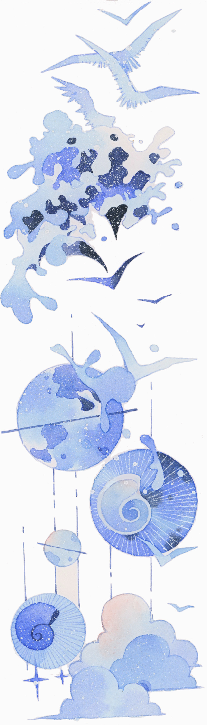 absurdres bird blue_bird blue_theme chinese_commentary cloud commentary_request highres jiang_(tang_kaike_ban) no_humans object_focus original painting_(medium) planet planetary_ring simple_background simple_bird snail_shell sparkle splashing traditional_media watercolor_(medium) waves white_background