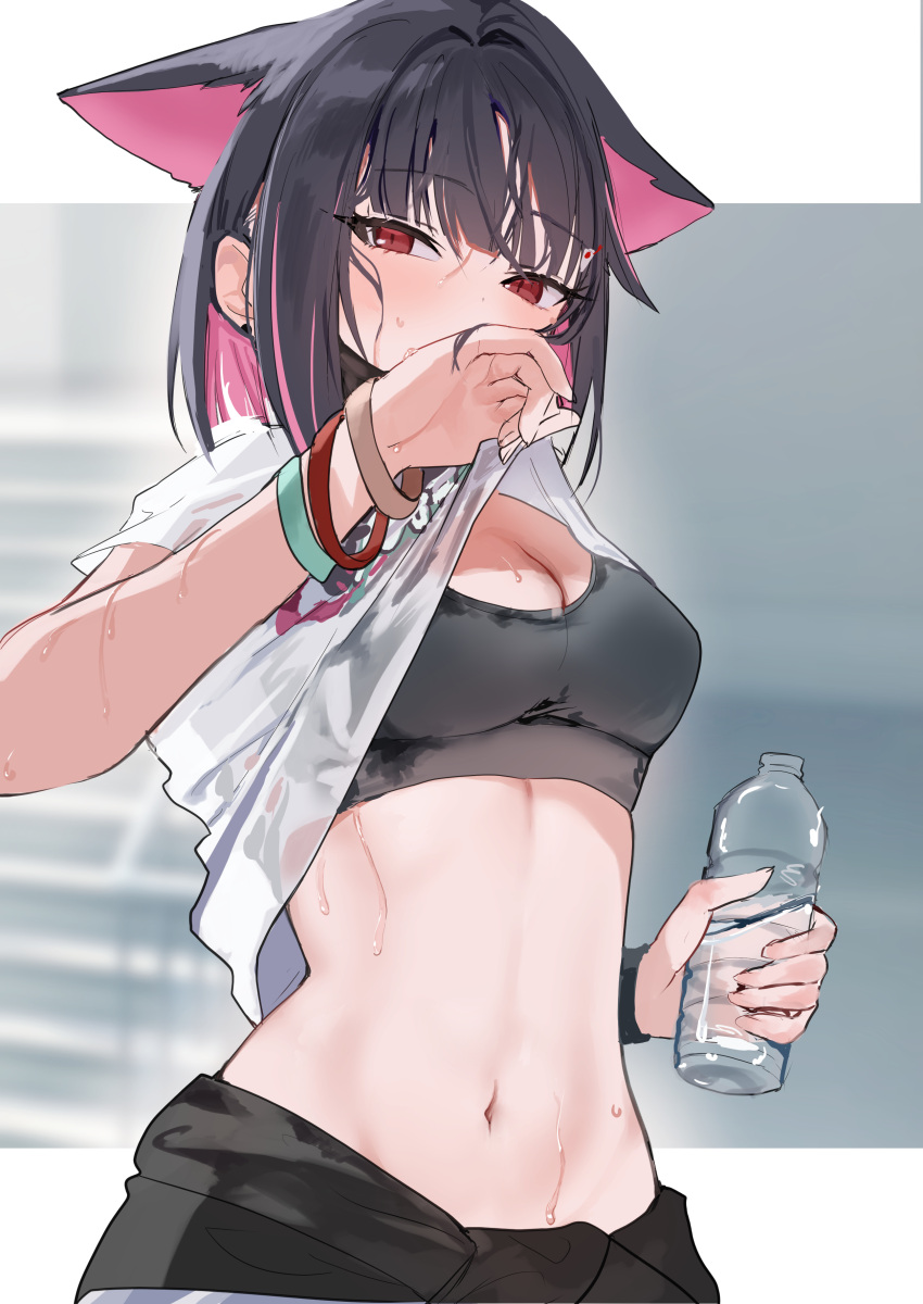 1girl absurdres animal_ears band black_hair black_sports_bra blue_archive blush bottle breasts cleavage highres kazusa_(band)_(blue_archive) kazusa_(blue_archive) looking_at_viewer medium_breasts navel pink_hair print_shirt red_eyes shirt short_hair solo sports_bra sweat ume_(plumblossom) water_bottle