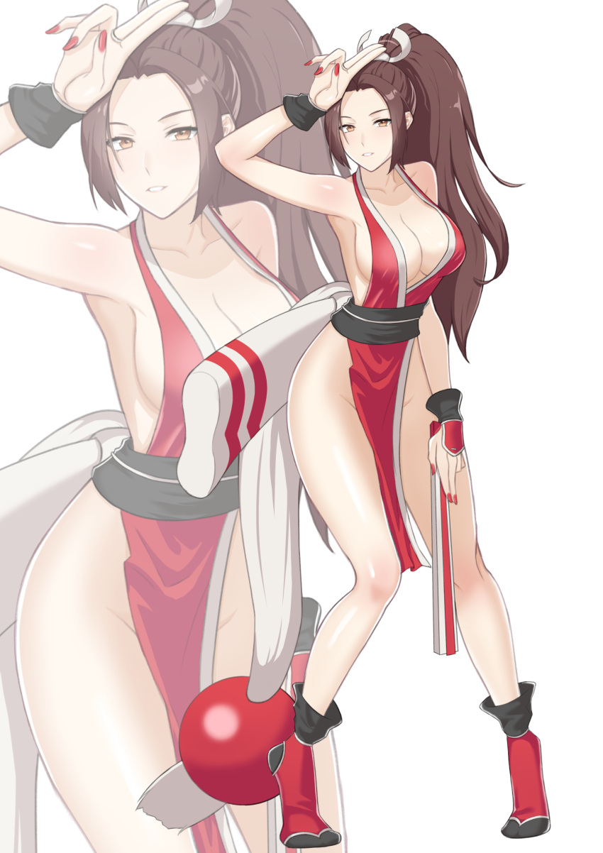 1girl arm_guards arm_up bare_shoulders breasts brown_eyes brown_hair cleavage commentary fatal_fury folded_fan folding_fan full_body hand_fan hermit_yao high_ponytail highres holding holding_fan japanese_clothes knees_together_feet_apart large_breasts legs long_hair looking_at_viewer ninja parted_lips pelvic_curtain ponytail projected_inset revealing_clothes shiranui_mai sideboob smile solo tabi thighs white_background