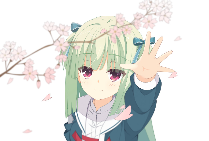 1girl absurdres arm_up blue_ribbon blunt_bangs blunt_ends blurry cherry_blossoms close-up commentary depth_of_field eyes_visible_through_hair falling_petals flower from_above green_hair grey_jacket hair_ribbon highres hime_cut jacket kaon_zz long_hair long_sleeves looking_at_flowers looking_up murasame_(senren) official_alternate_costume outstretched_hand petals pink_flower reaching red_eyes ribbon sailor_collar school_uniform senren_banka serafuku shirt sidelocks simple_background solo spring_(season) tsurime two_side_up upturned_eyes white_background white_sailor_collar white_shirt