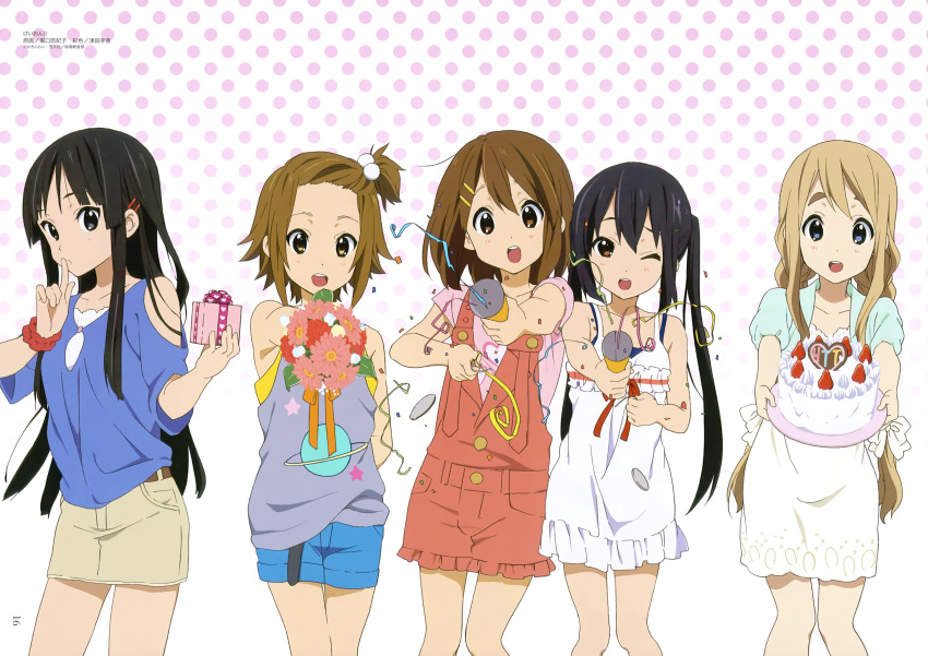 5girls akiyama_mio black_eyes black_hair blonde_hair blue_eyes blue_shorts bouquet brown_eyes brown_hair cake confetti cowboy_shot dress finger_to_mouth food gift hair_ornament hairpin highres hirasawa_yui holding horiguchi_yukiko k-on! kotobuki_tsumugi long_hair looking_at_viewer magazine_scan multiple_girls nakano_azusa official_art party_popper polka_dot polka_dot_background scan short_hair shorts simple_background sleeveless sleeveless_dress strawberry_shortcake tainaka_ritsu twintails very_long_hair