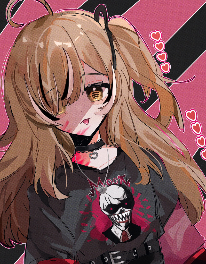 1girl :p ahoge black_choker black_ribbon black_shirt black_sweater brown_eyes brown_hair choker emo_fashion hair_over_one_eye hair_ribbon hana20000920 heart highres hololive hololive_english jewelry lace-trimmed_choker lace_trim long_hair looking_at_viewer multicolored_hair nanashi_mumei nanashi_mumei_(emo) necklace one_side_up paint_splatter paint_splatter_on_face portrait red_sweater ribbon shirt shirt_tucked_in streaked_hair striped_background striped_clothes striped_sweater sweater sweater_under_shirt t-shirt tongue tongue_out two-tone_sweater virtual_youtuber