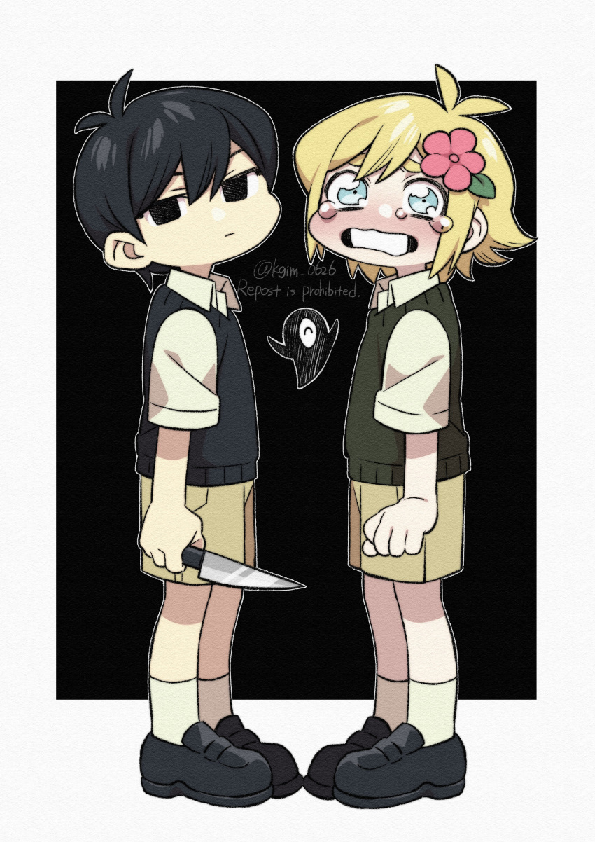 2boys absurdres basil_(faraway)_(omori) basil_(omori) black_eyes black_footwear black_hair black_sweater_vest blonde_hair blue_eyes brown_shorts chibi closed_mouth collared_shirt crying crying_with_eyes_open expressionless flower green_sweater_vest hair_flower hair_ornament highres holding holding_knife kageimo knife multiple_boys omori shirt short_hair shorts socks something_(omori) sunny_(omori) sweater_vest tears twitter_username white_shirt white_socks