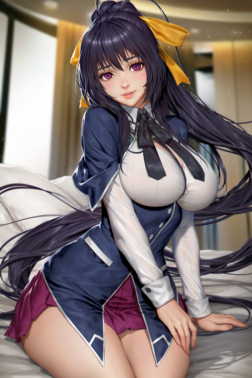 1girl absurdres ascot bed black_ascot black_hair breasts english_commentary hair_ribbon high_ponytail high_school_dxd highres himejima_akeno kuoh_academy_school_uniform large_breasts light_particles looking_at_viewer miniskirt neoartcore orange_ribbon parted_lips purple_eyes ribbon school_uniform serafuku shirt sitting skirt solo thighs