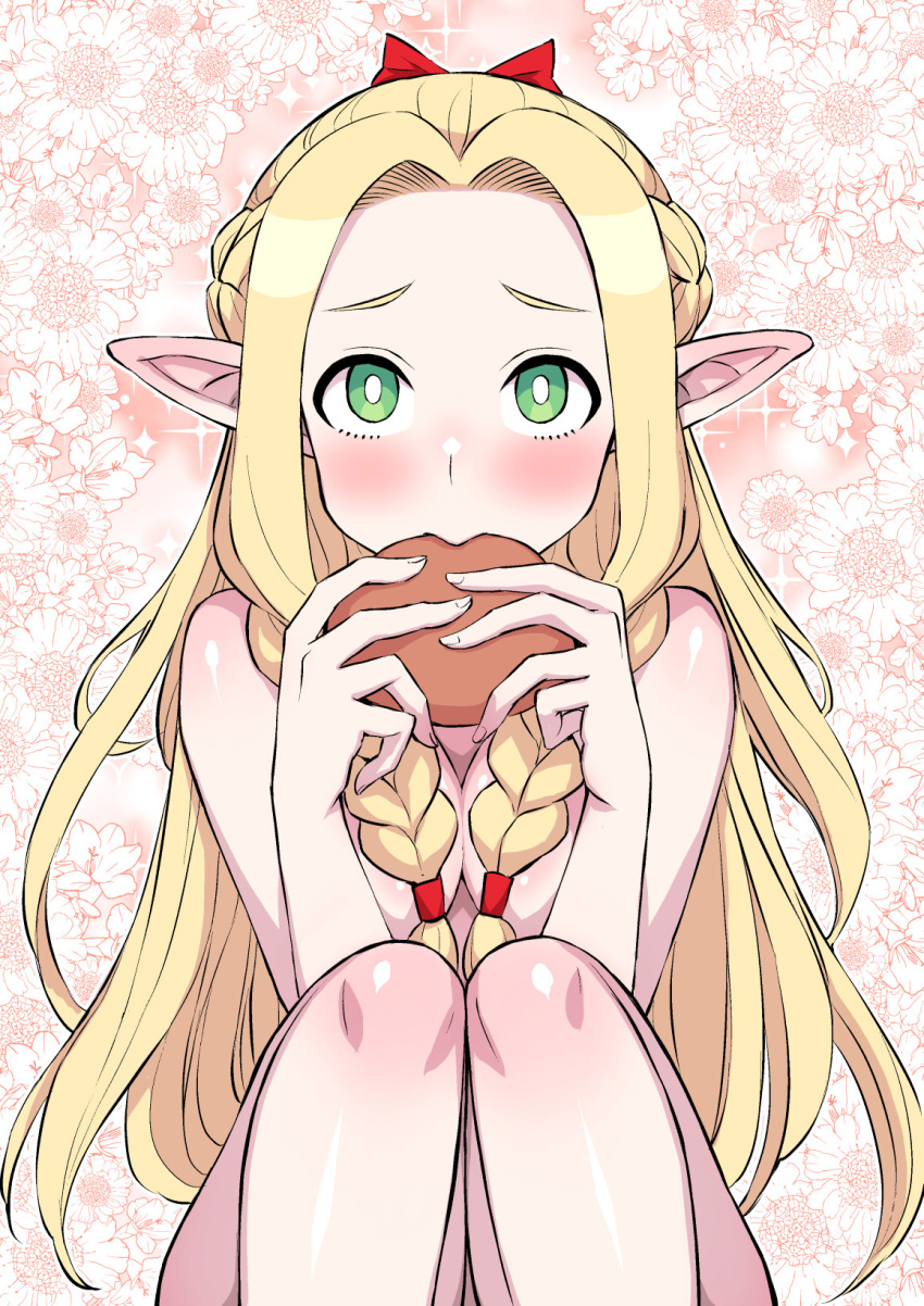 1girl blonde_hair blush braid dungeon_meshi eating elf food hair_around_ear highres long_hair looking_at_viewer marcille_donato multiple_braids nude pointy_ears solo tatsubon