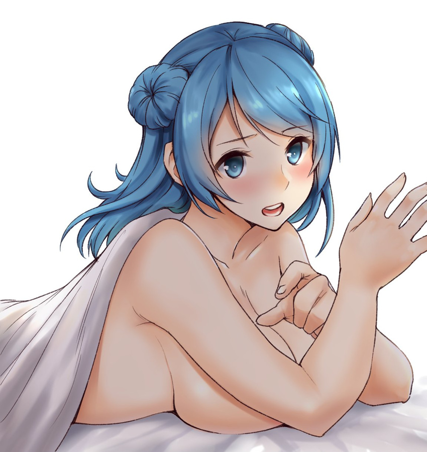 bangs blue_eyes blue_hair breast_rest breasts convenient_censoring double_bun eyebrows_visible_through_hair haregama_shiina highres kantai_collection large_breasts looking_at_viewer lying medium_hair naked_sheet nude on_stomach open_mouth simple_background solo swept_bangs urakaze_(kantai_collection) white_background