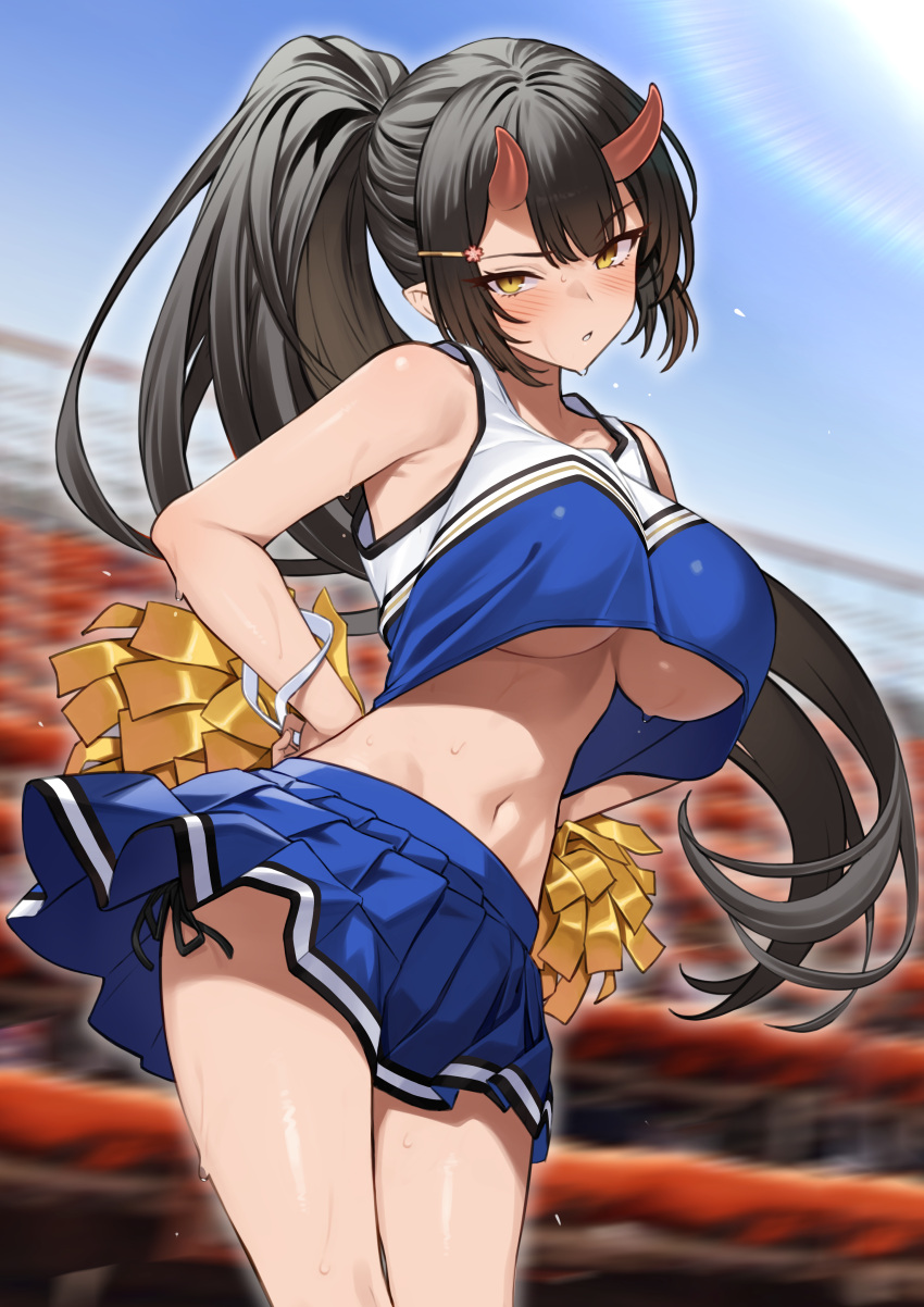 1girl absurdres armpits bare_arms bare_shoulders black_hair blue_shirt blue_skirt blurry blurry_background breasts cheerleader commentary_request crop_top crop_top_overhang demon_horns dripping enjo_kouhai hair_ornament hairclip hands_on_own_hips highres holding holding_pom_poms horns large_breasts lens_flare long_hair looking_at_viewer midriff miniskirt navel origamine_ouka panty_straps parted_lips pleated_skirt pointy_ears pom_pom_(cheerleading) ponytail shirt side-tie_peek sidelocks skirt sleeveless sleeveless_shirt solo stomach sweat takunomi thighs two-tone_shirt underboob v-shaped_eyebrows very_long_hair yellow_eyes