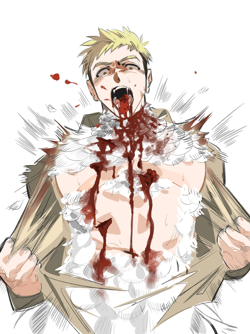 1boy absurdres blonde_hair blood blood_from_mouth blood_on_chest blood_on_face brown_shirt collared_shirt constricted_pupils cosplay cuts dungeon_meshi english_commentary falin_touden falin_touden_(chimera) falin_touden_(chimera)_(cosplay) fangs feathers hands_up highres injury laios_touden looking_at_viewer male_focus megami_2 monsterification open_mouth shirt short_hair simple_background tearing_clothes torn_clothes undercut upper_body very_short_hair white_background