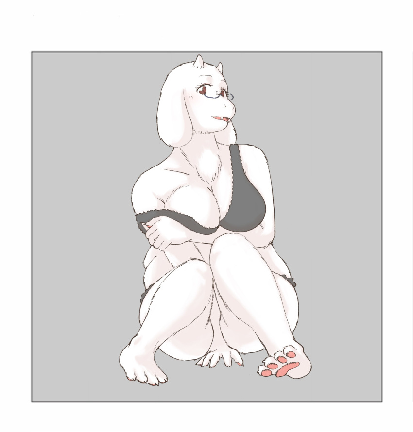 2023 4_toes anthro bikini black_bikini black_clothing black_swimwear boss_monster_(undertale) bovid caprine clothing feet female fur goat hi_res komm64 mammal pawpads solo swimwear toes toriel undertale_(series) white_body white_fur