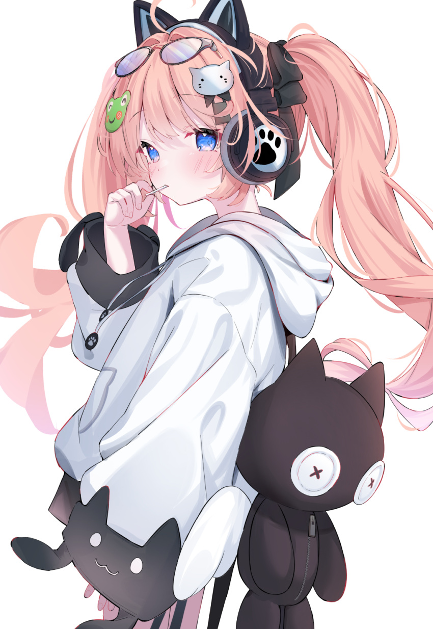 1girl ahoge animal_ear_headphones animal_ears black_ribbon blonde_hair blue_eyes blush cat_ear_headphones commission eip_(pepai) eyewear_on_head fake_animal_ears from_side glasses hair_ornament hair_ribbon hand_up headphones highres hood hood_down hoodie long_hair looking_at_viewer original ribbon simple_background skeb_commission solo stuffed_animal stuffed_toy twintails white_background white_hoodie