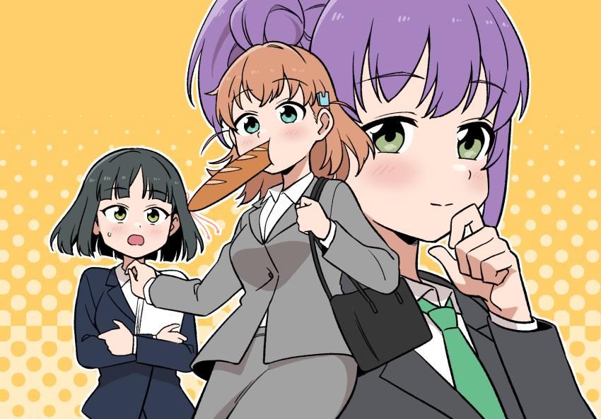 3girls alternate_costume aqua_eyes baguette black_hair black_jacket blazer blunt_bangs blunt_ends blush bread breasts business_suit cerise_bouquet closed_mouth collared_shirt commentary_request crossed_arms crossed_bangs dress_shirt flower_knot food food_in_mouth green_eyes green_necktie grey_jacket hair_bun hair_ornament halftone halftone_background hand_on_own_chin highres hinoshita_kaho holding holding_paper jacket koaraya light_smile link!_like!_love_live! long_hair looking_at_viewer love_live! medium_breasts medium_hair momose_ginko mouth_hold multiple_girls necktie office_lady open_mouth orange_background orange_hair otomune_kozue outline paper paper_stack purple_hair rabbit_hair_ornament shirt short_hair side_ponytail sidelocks single_side_bun split_mouth suit sweatdrop two_side_up virtual_youtuber white_outline white_shirt