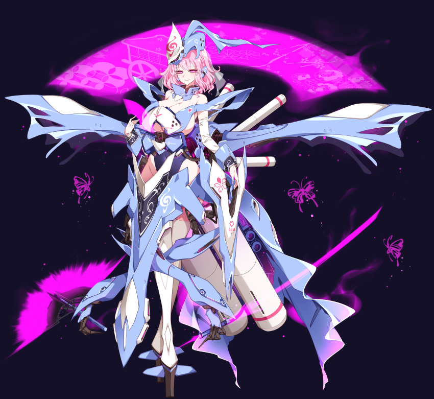 1girl absurdres breasts bug butterfly cannon cherry_blossoms cleavage ghost headgear highres hitodama large_breasts looking_at_viewer mecha_musume mechanical_wings pink_eyes pink_hair raptor7 saigyouji_yuyuko saigyouji_yuyuko's_fan_design science_fiction short_hair smile solo thrusters touhou triangular_headpiece wavy_hair wings
