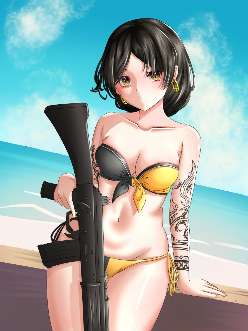 absurdres ahomushi994 arm_tattoo artist_request assault_rifle bikini black_bikini black_hair breasts earrings gun highres insas insas_(girls'_frontline) jewelry large_breasts long_hair navel rifle self-upload swimsuit tattoo weapon yellow_bikini yellow_eyes