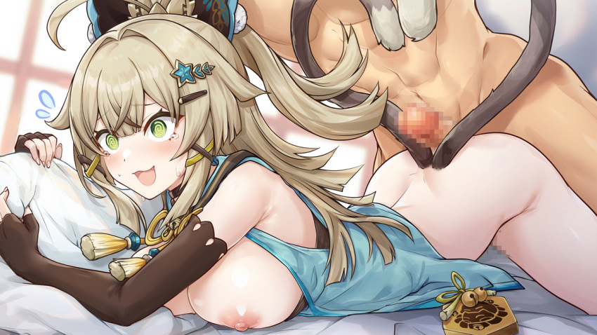 1boy 1girl @_@ animal_ears blonde_hair blush bottomless breasts breasts_out cat_ears cat_tail censored erection fingerless_gloves flying_sweatdrops genshin_impact gloves green_eyes hair_between_eyes hair_ornament hetero kirara_(genshin_impact) large_breasts long_hair mosaic_censoring multiple_tails nekomata nervous nervous_sweating nipples open_mouth penis pineapp_panda sex sweat tail