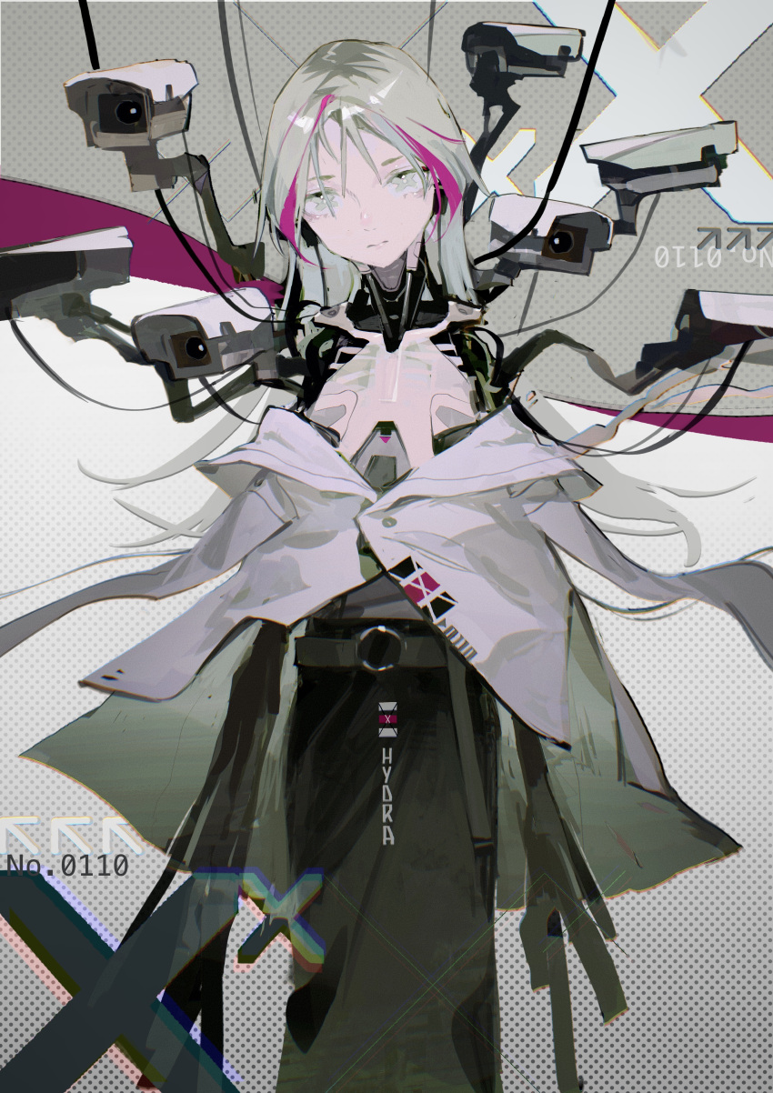 1girl aamond absurdres aegyo_sal amputee belt black_belt black_skirt closed_mouth cyborg double_amputee feet_out_of_frame grey_eyes grey_hair highres jacket long_hair looking_at_viewer mechanical_parts multicolored_hair o-ring o-ring_belt off_shoulder original ribs security_camera skirt solo streaked_hair symbol-shaped_pupils white_jacket x-shaped_pupils