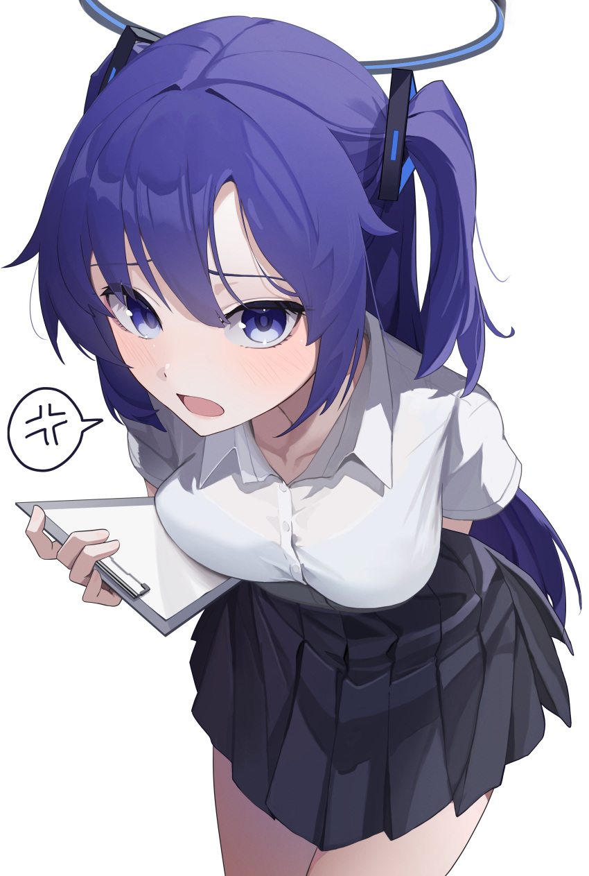 1girl absurdres anger_vein arm_behind_back black_halo black_skirt blue_archive clipboard collarbone collared_shirt furrowed_brow halo highres holding holding_clipboard leaning_forward long_hair looking_at_viewer open_mouth pleated_skirt purple_eyes purple_hair shirt skirt spoken_anger_vein sukoyaka_konbu two_side_up very_long_hair white_background white_shirt yuuka_(blue_archive)
