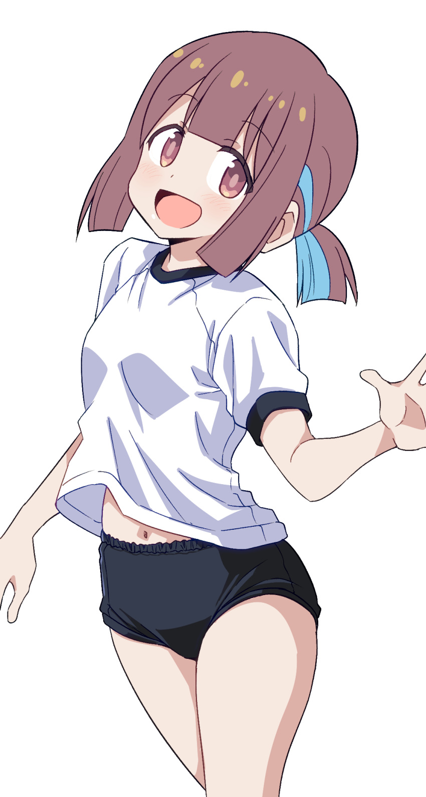 1girl arm_up black_buruma brown_eyes brown_hair buruma gym_uniform highres hozuki_momiji navel onii-chan_wa_oshimai! open_mouth ponytail ponzu_rui shirt short_hair short_sleeves smile solo thighs white_shirt