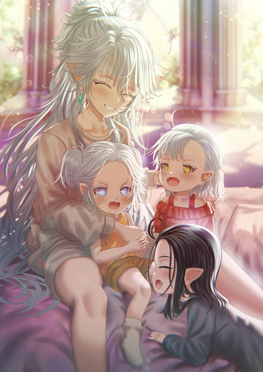 4girls ahoge black_hair blue_eyes closed_eyes earrings elf family fantasy highres hug jewelry kein_hasegawa long_hair mother_and_daughter multiple_girls original pointy_ears ponytail short_hair short_twintails smile twintails very_long_hair white_hair yellow_eyes