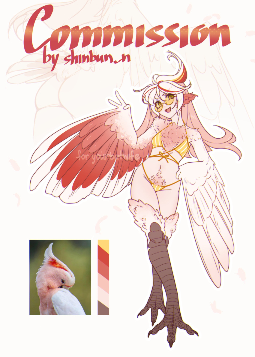 1girl absurdres ass bikini bird_legs blonde_hair breasts chest_tuft commission feathered_wings feathers glasses harpy highres long_hair monster_girl multicolored_hair multiple_views open_mouth original pink_feathers pink_hair pink_wings red_hair reference_inset round_eyewear semi-rimless_eyewear shinbun_n small_breasts swimsuit talons tinted_eyewear two-tone_wings v white_background white_feathers white_hair white_wings winged_arms wings yellow-tinted_eyewear yellow_bikini yellow_eyes