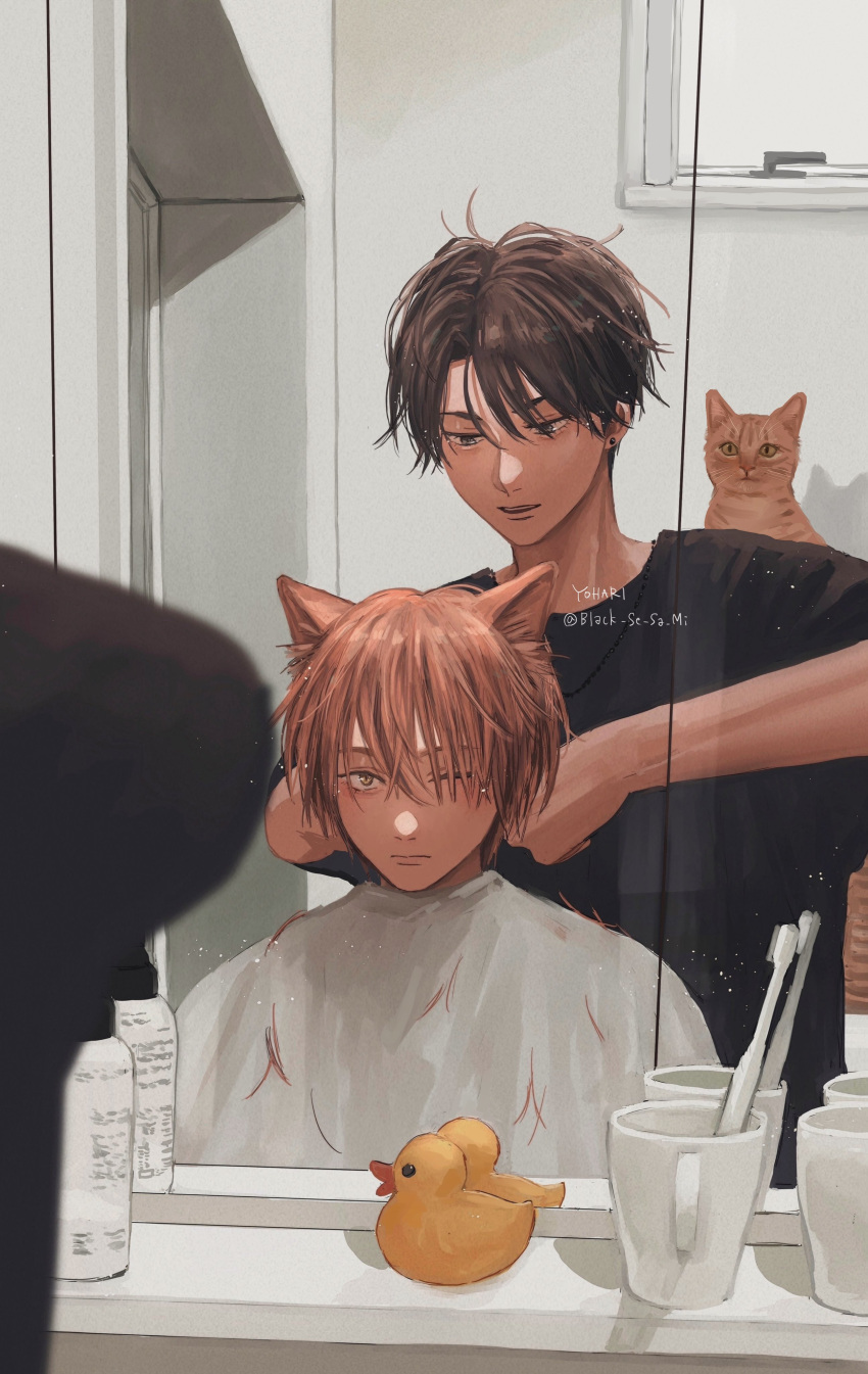 2boys absurdres animal_ears artist_name black_se_sa_mi black_shirt brown_hair cat cat_boy cat_ears cup cutting_hair ear_piercing hair_salon highres indoors male_focus mug multiple_boys one_eye_closed orange_cat orange_hair original parted_lips piercing rubber_duck shirt short_hair slit_pupils smock teeth twitter_username upper_body yellow_eyes