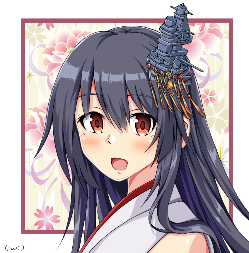 1girl absurdres black_hair close-up fusou_(kancolle) hair_between_eyes hair_ornament highres japanese_clothes kantai_collection koutetunamekuji long_hair looking_at_viewer nontraditional_miko open_mouth red_eyes solo very_long_hair