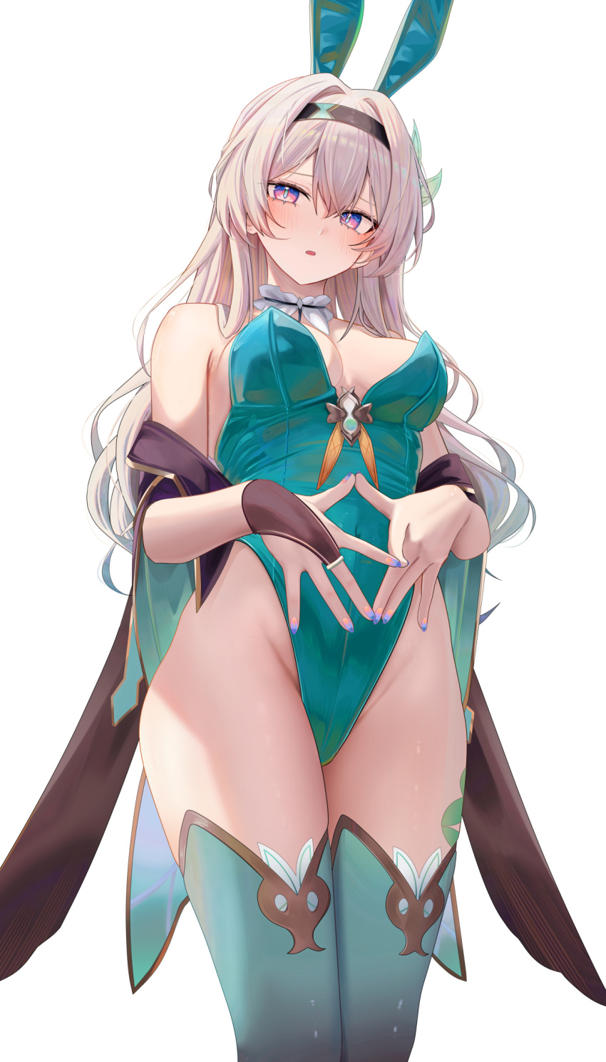 1girl alternate_costume animal_ears aqua_leotard aqua_thighhighs bare_shoulders black_bridal_gauntlets black_hairband blush breasts bridal_gauntlets commentary_request fake_animal_ears fingernails firefly_(honkai:_star_rail) grey_hair hairband highleg highleg_leotard highres honkai:_star_rail honkai_(series) large_breasts legs_together leotard long_hair looking_at_viewer nail_polish nose_blush open_mouth paid_reward_available playboy_bunny purple_eyes purple_nails rabbit_ears ru_zhai simple_background single_bridal_gauntlet solo standing steepled_fingers strapless strapless_leotard thighhighs upper_body white_background