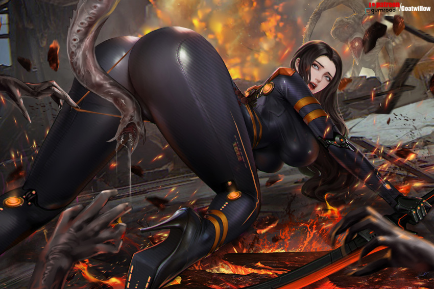 1girl alien all_fours black_bodysuit black_gloves black_hair bodysuit breasts brown_eyes cameltoe commentary_request defeat fire gloves goatwillow gumroad_username high_heels holding holding_sword holding_weapon imminent_rape large_breasts long_hair looking_back mixed-language_commentary naytiba_(stellar_blade) open_mouth patreon_username ruins sharp_teeth solo_focus stellar_blade sword tachy_(stellar_blade) teeth weapon wide-eyed