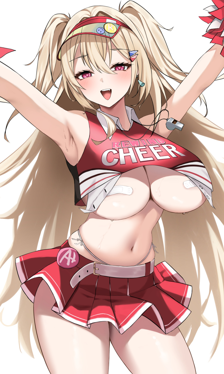 1girl absurdres armpits arms_up bandaid bandaids_on_nipples bare_arms bare_shoulders belt blonde_hair breasts cheerleader clay_(nikke) cowboy_shot crop_top crop_top_overhang dress_shirt fang goddess_of_victory:_nikke hair_ornament hairclip heart heart-shaped_pupils highleg highres holding holding_pom_poms large_breasts long_hair looking_at_viewer midriff miniskirt murding navel open_mouth panty_straps pasties pleated_skirt pom_pom_(cheerleading) red_eyes red_shirt red_skirt shirt skindentation skirt sleeveless sleeveless_shirt smile solo spaghetti_strap standing stomach sweat symbol-shaped_pupils thighs two_side_up underboob very_long_hair visor_cap whistle