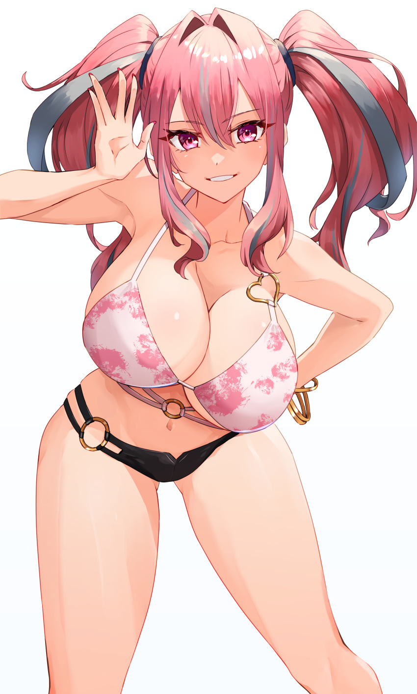 1girl absurdres asymmetrical_bikini azur_lane bare_arms bare_shoulders bikini black_bikini breasts bremerton_(azur_lane) collarbone commentary_request fingernails gold_bracelet grey_hair grin hair_between_eyes hair_intakes hair_tie heart_o-ring highres huge_breasts kento_(kentdrawing) leaning_forward long_hair looking_at_viewer multicolored_hair nail_polish navel o-ring o-ring_bikini open_hand pink_bikini pink_eyes pink_hair pink_nails print_bikini red_nails salute simple_background smile smirk solo stomach streaked_hair swimsuit thighs twintails two-tone_hair white_background