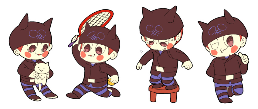 1boy animal ball beanie belt belt_buckle black_belt black_eyes black_footwear black_hat black_jacket black_pants black_sleeves blue_pants blue_shirt blush_stickers brown_hair buckle cat collared_jacket commentary danganronpa_(series) danganronpa_v3:_killing_harmony deformed english_commentary half-closed_eyes hand_in_pocket hat holding holding_animal holding_ball holding_cat holding_tennis_racket horned_hat hoshi_ryoma jacket leather leather_jacket loiodg long_sleeves looking_at_viewer male_focus motion_lines multiple_views on_stool one_eye_closed pants parted_lips pointing pointing_at_self running shirt shoes short_hair simple_background smile standing striped_clothes striped_pants sweat tennis_ball two-tone_pants wavy_mouth white_background