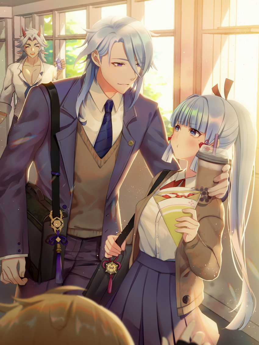 1girl 3boys :t aether_(genshin_impact) arataki_itto bag black_bag black_jacket blonde_hair blue_eyes blue_hair blue_necktie blunt_bangs blush brown_vest chinese_commentary closed_eyes closed_mouth commentary_request cup disposable_cup food genshin_impact hair_between_eyes hair_ornament hair_ribbon highres holding holding_cup jacket japanese_clothes kamisato_ayaka kamisato_ayato kokuka_gnsn mole multiple_boys necktie oni open_mouth ponytail purple_eyes red_ribbon ribbon school_uniform shoulder_bag smile sweater_vest tassel vest white_hair