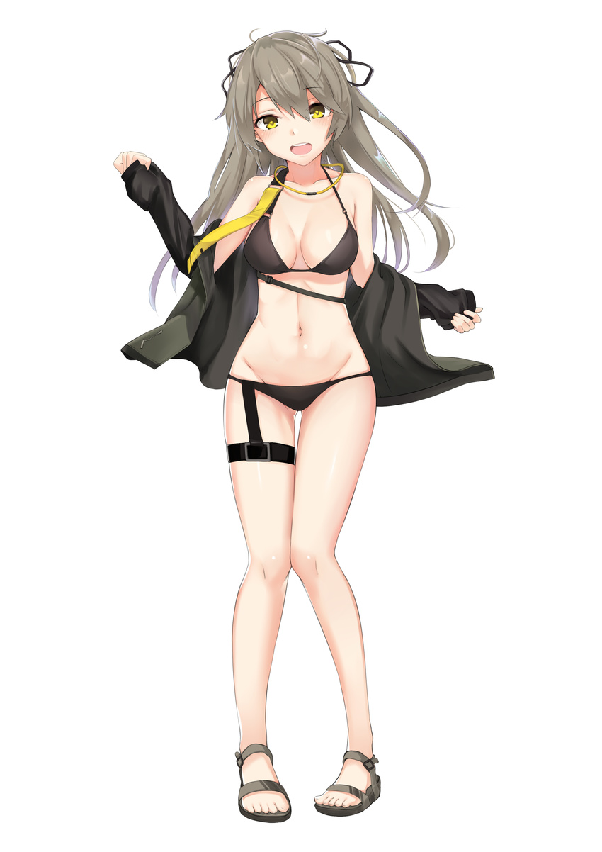 absurdres breasts cleavage collarbone girls_frontline grey_hair groin highres ivan_wang jacket jacket_over_swimsuit long_hair looking_at_viewer medium_breasts navel open_mouth sandals solo swimsuit ump40_(girls_frontline) white_background yellow_eyes