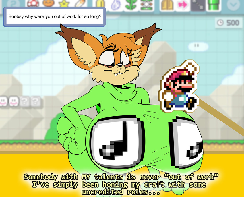 2017 anthro big_breasts breasts bubsy bubsy_(series) clothed clothing crossgender dialogue english_text feline female huge_breasts lynx mammal mario mario_bros nintendo rabid solo super_mario_maker text video_games