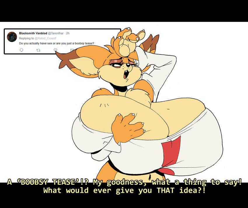 2017 anthro big_breasts breasts bubsy bubsy_(series) claws cleavage clothed clothing crossgender dialogue english_text feline female huge_breasts lynx mammal rabid simple_background solo text twitter video_games white_background