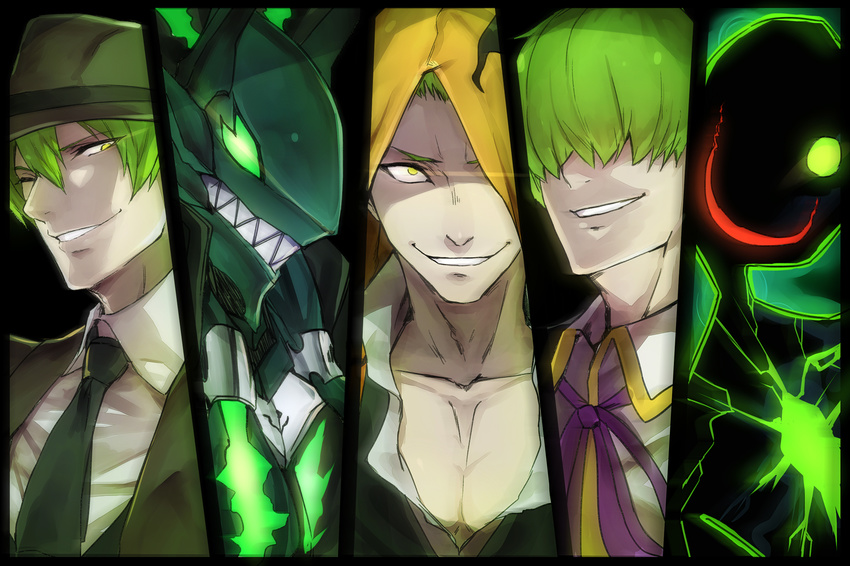 blazblue blazblue:_central_fiction blazblue:_chronophantasma blazblue:_continuum_shift blazblue_phase_0 chest crazy_smile evil fedora formal ghost glowing glowing_eyes green_eyes green_hair grin hair_over_eyes hat hazama hidden_eyes highres hood hooded_jacket jacket kazuma_kuvaru luse_maonang male_focus multiple_boys multiple_persona one_eye_closed one_eye_covered smile suit susanoo_(blazblue) yellow_eyes yuuki_terumi