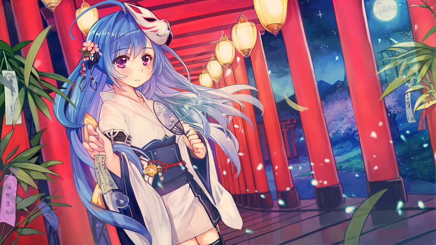 ahoge alternate_costume azur_lane blue_hair blush closed_mouth collarbone eyebrows_visible_through_hair fan fox_mask helena_(azur_lane) highres holding holding_fan japanese_clothes kimono long_hair looking_at_viewer mask mask_on_head multiple_torii paper_fan purple_eyes smile solo spirtie tanabata torii uchiwa wind_chime yukata