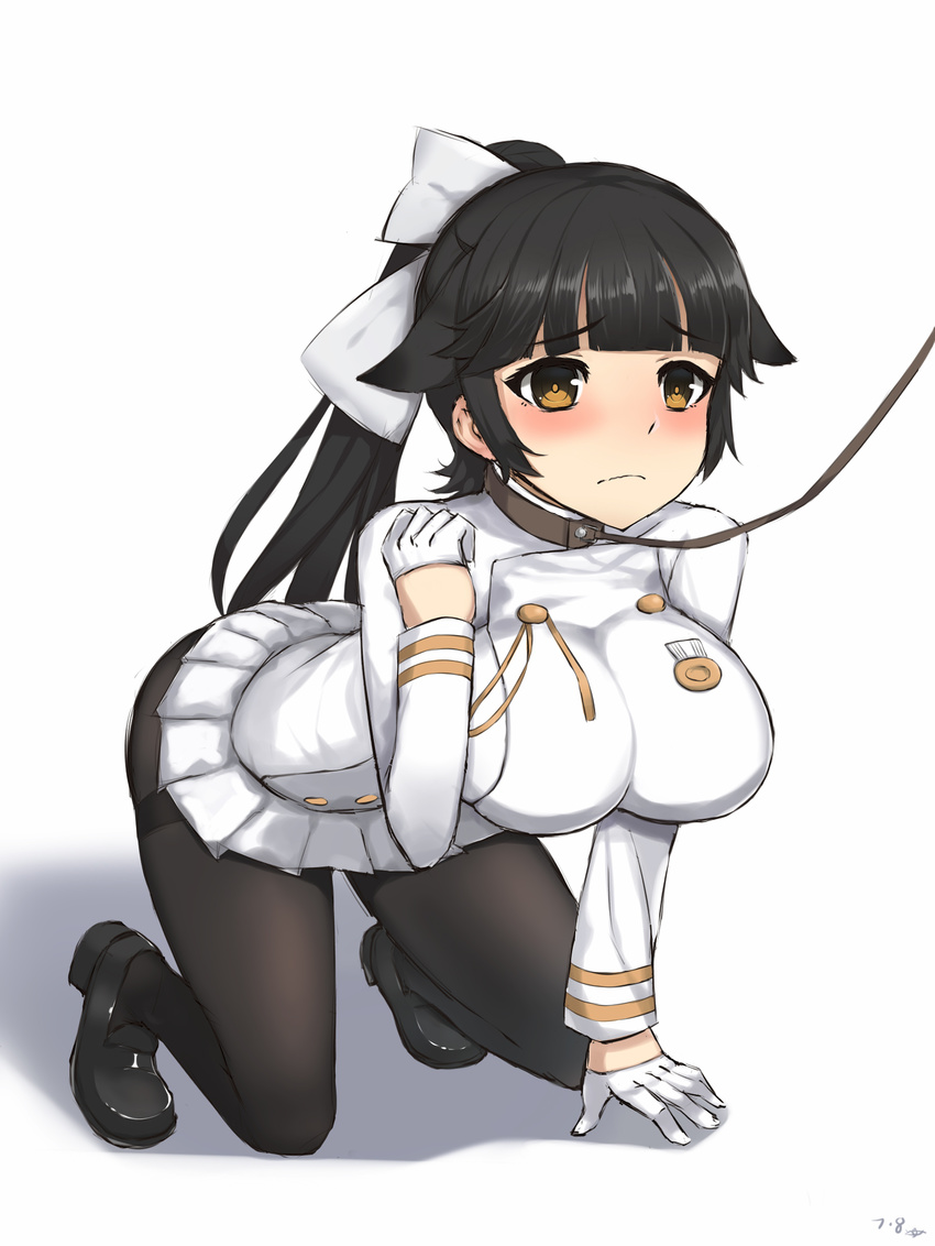 all_fours azur_lane black_hair black_legwear blush bow breasts brown_eyes closed_mouth collar embarrassed eyebrows_visible_through_hair gloves hair_bow highres large_breasts leash long_hair long_sleeves looking_at_viewer military military_uniform miniskirt pantyhose pet_play pleated_skirt ponytail shou_jian_yu skirt solo takao_(azur_lane) uniform white_bow white_gloves white_skirt