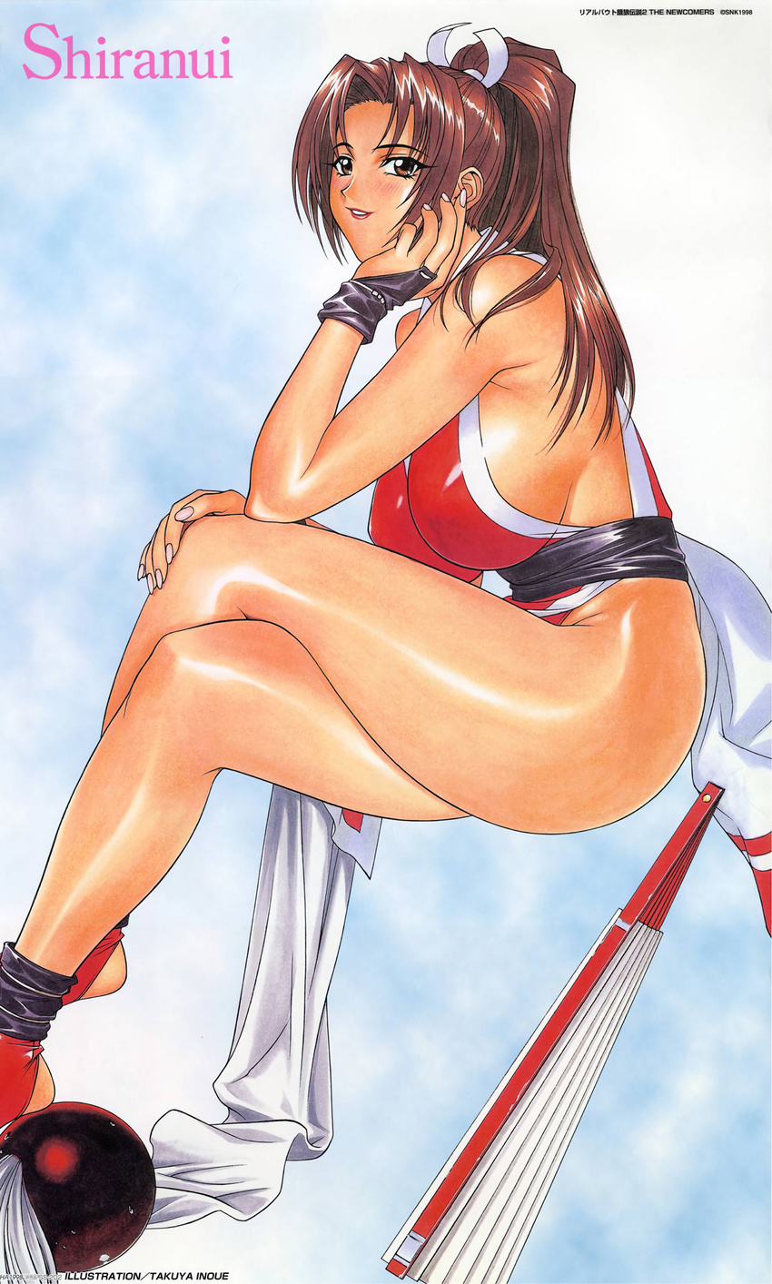 1girl 90s artist_name breasts brown_eyes brown_hair character_name crossed_legs dated fan fatal_fury hand_on_own_face hand_on_own_knee high_ponytail highres inoue_takuya large_breasts lipstick long_hair looking_at_viewer makeup parted_lips pelvic_curtain shiranui_mai sideboob smile solo the_king_of_fighters