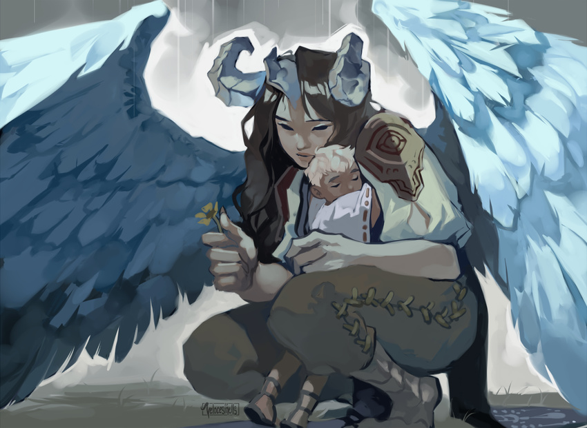 1girl brown_hair child commentary feathered_wings feathers flower harpy height_difference horns hug long_hair monster_girl no_pupils original rain squatting velocesmells wings