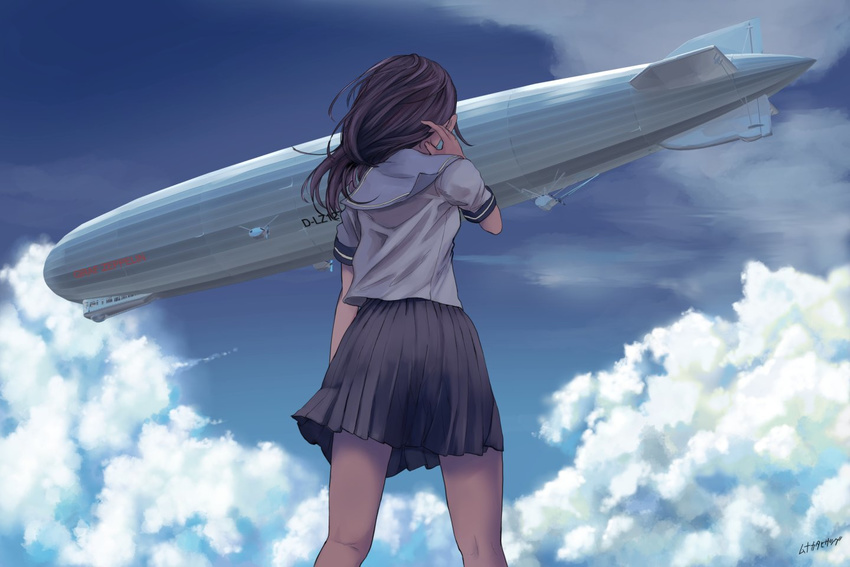 aircraft black_hair black_skirt blimp blouse blue_sky cloud commentary_request dirigible facing_away from_behind from_below munakata_(hisahige) original outdoors pleated_skirt sailor_collar school_uniform serafuku short_sleeves skirt sky solo standing white_blouse