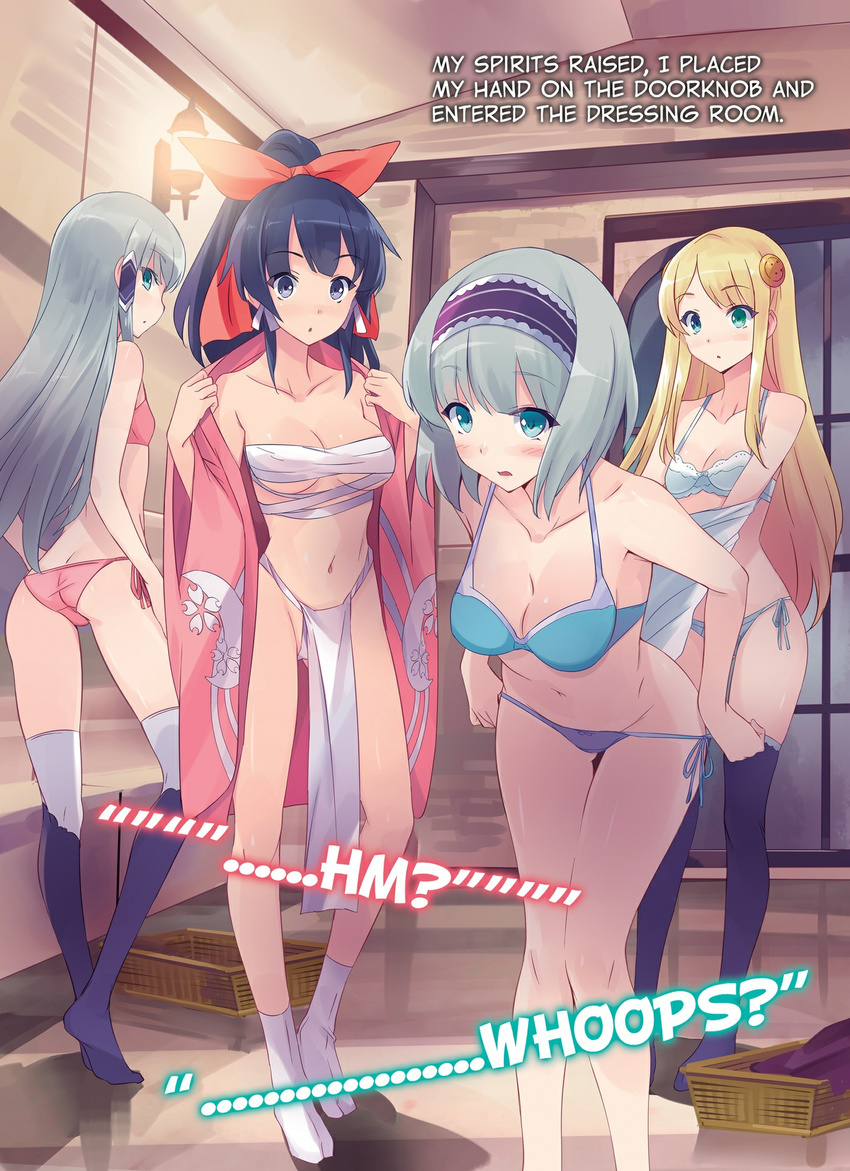 bikini blonde_hair blue_eyes bra breasts character_request elze_silhoueska english fundoshi green_eyes grey_hair heterochromia highres isekai_wa_smartphone_to_tomo_ni. japanese_clothes kimono kokonoe_yae linse_shileska medium_breasts multiple_girls panties ribbon sarashi side-tie_bikini side-tie_panties small_breasts swimsuit thighhighs underwear undressing usatsuka_eiji yukata yumina_elnea_belfast