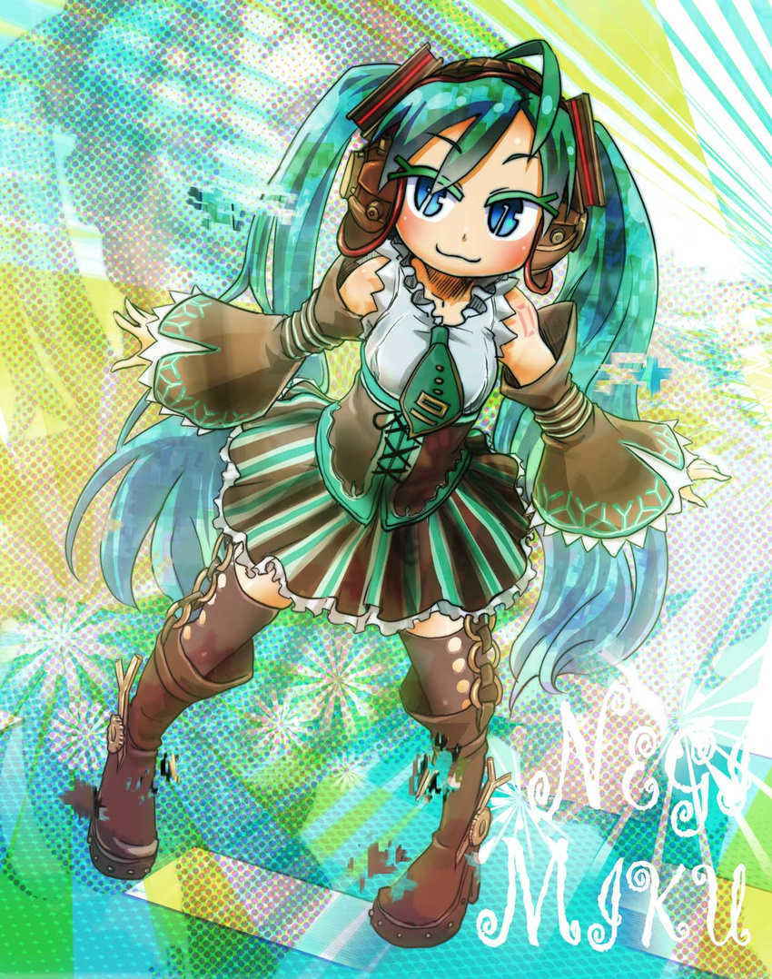 :3 ahoge aqua_hair arm_tattoo arms_at_sides bare_shoulders black_legwear blue_eyes boots chain chamaji character_name closed_mouth collarbone colored_eyelashes commentary_request corset detached_sleeves digital_dissolve eyebrows_visible_through_hair eyelashes eyes eyes_visible_through_hair frilled_skirt frills full_body hatsune_miku headphones highres lace long_hair looking_at_viewer miniskirt necktie no_pupils outstretched_arms projected_inset shirt skirt sleeveless sleeveless_shirt smile solo standing tattoo thighhighs twintails very_long_hair vocaloid wide_sleeves zettai_ryouiki