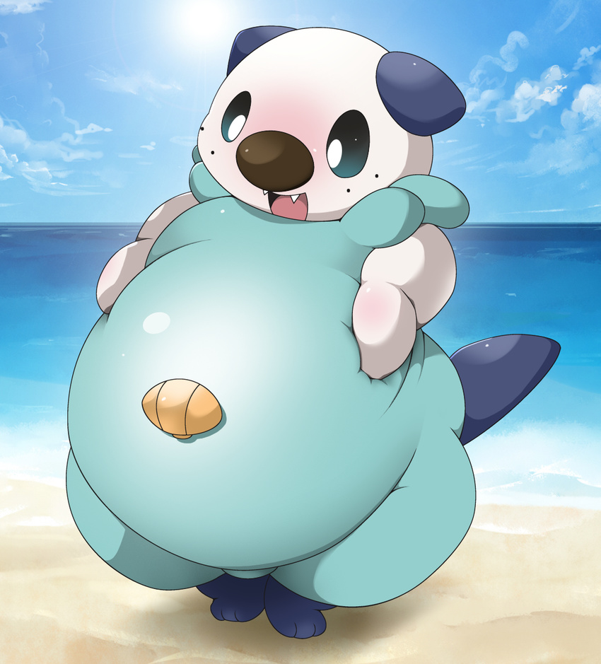 ambiguous_gender beach belly belly_squish big_belly chinchira_(pixiv13404505) feral happy nintendo oshawott overweight pok&eacute;mon seaside slightly_chubby smile video_games
