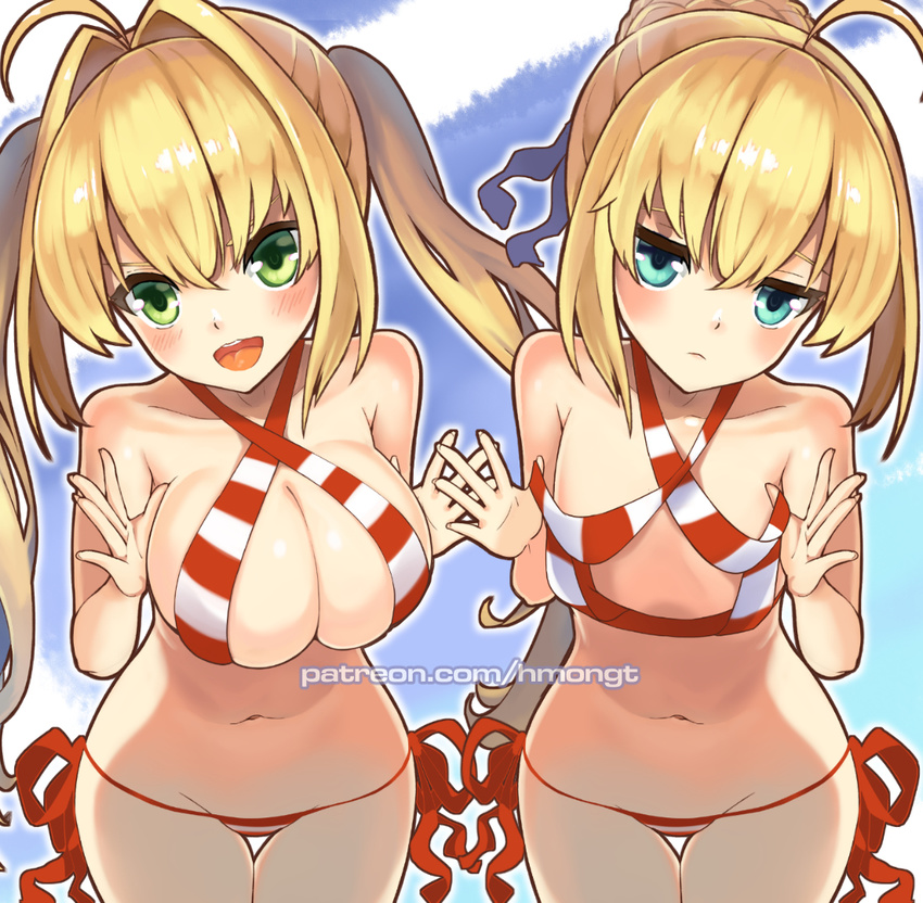 :d ahoge artoria_pendragon_(all) bangs bikini blonde_hair blue_eyes blue_sky blush breasts cleavage closed_mouth cloud cosplay criss-cross_halter fate/grand_order fate_(series) flat_chest green_eyes halterneck large_breasts leaning_forward long_hair looking_at_viewer multiple_girls navel nero_claudius_(fate)_(all) nero_claudius_(swimsuit_caster)_(fate) nero_claudius_(swimsuit_caster)_(fate)_(cosplay) open_mouth outdoors patreon_username phandit_thirathon saber side-tie_bikini skindentation sky smile striped striped_bikini swimsuit thigh_gap twintails watermark web_address